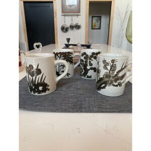Asian Style Set of 4 Floral Pattern Coffee Mugs‎ Silvery Black on White